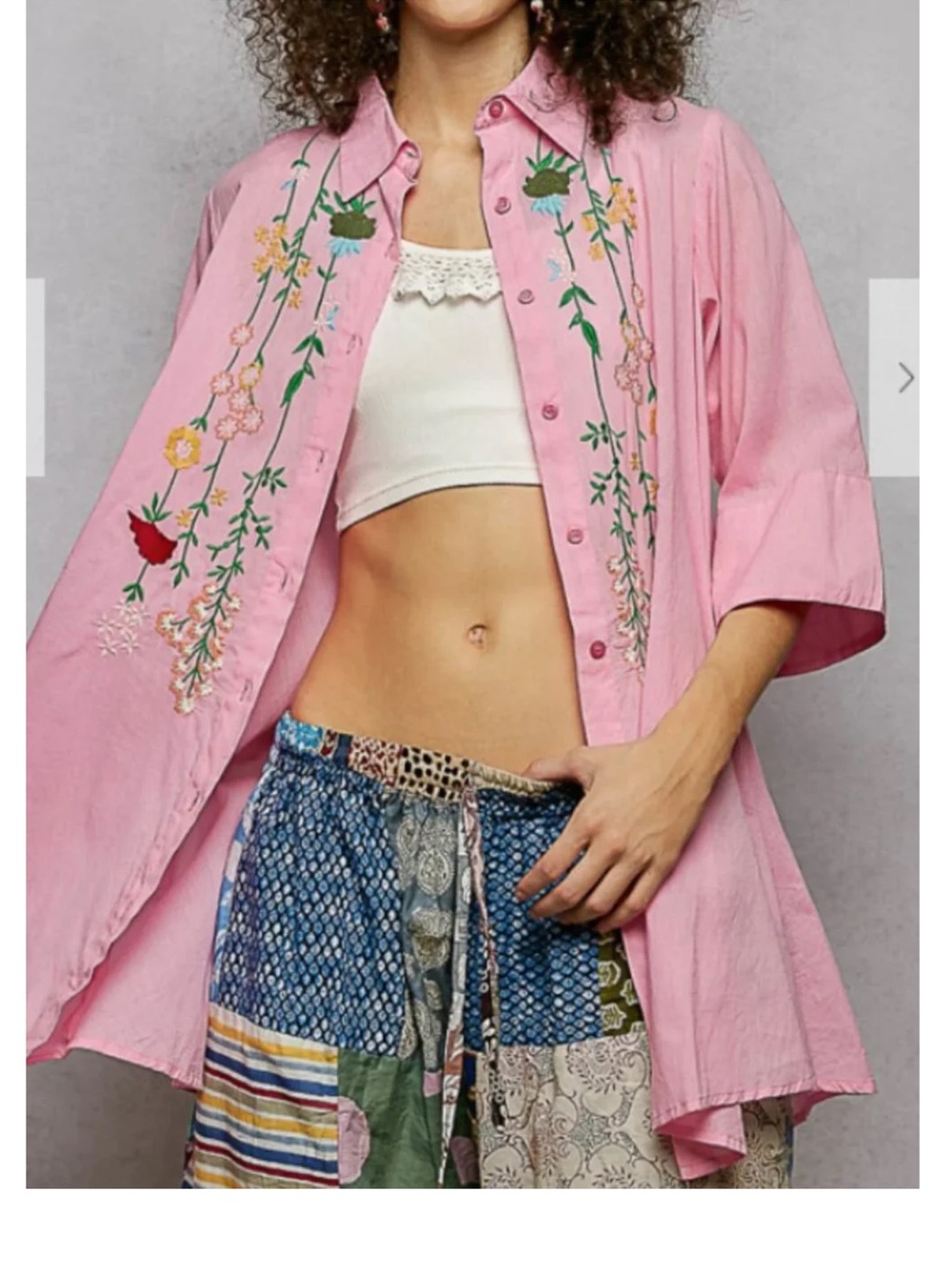 POL Pink Floral Embroidered Button Front Tunic Shirt NWOT Large Boho